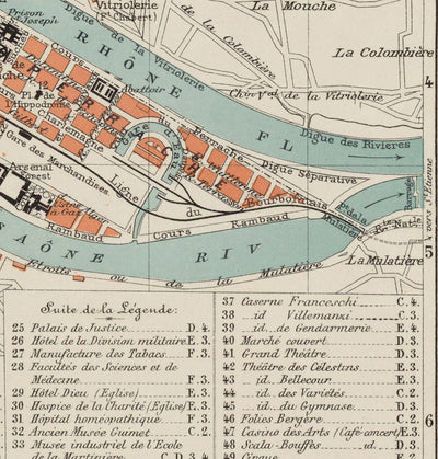 Mapa antiguo de Lyon, Francia en 1888 por Louis-Francois - La Basilique Notre Dame, Río Rhone, Saone, Parc de la Tete d'Or, Place des Terreaux