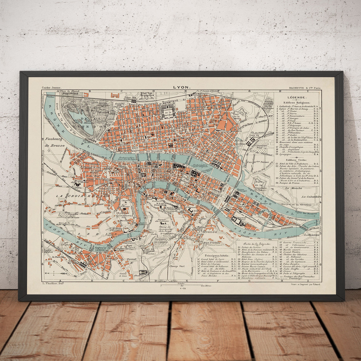 Mapa antiguo de Lyon, Francia en 1888 por Louis-Francois - La Basilique Notre Dame, Río Rhone, Saone, Parc de la Tete d'Or, Place des Terreaux
