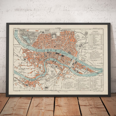 Mapa antiguo de Lyon, Francia en 1888 por Louis-Francois - La Basilique Notre Dame, Río Rhone, Saone, Parc de la Tete d'Or, Place des Terreaux