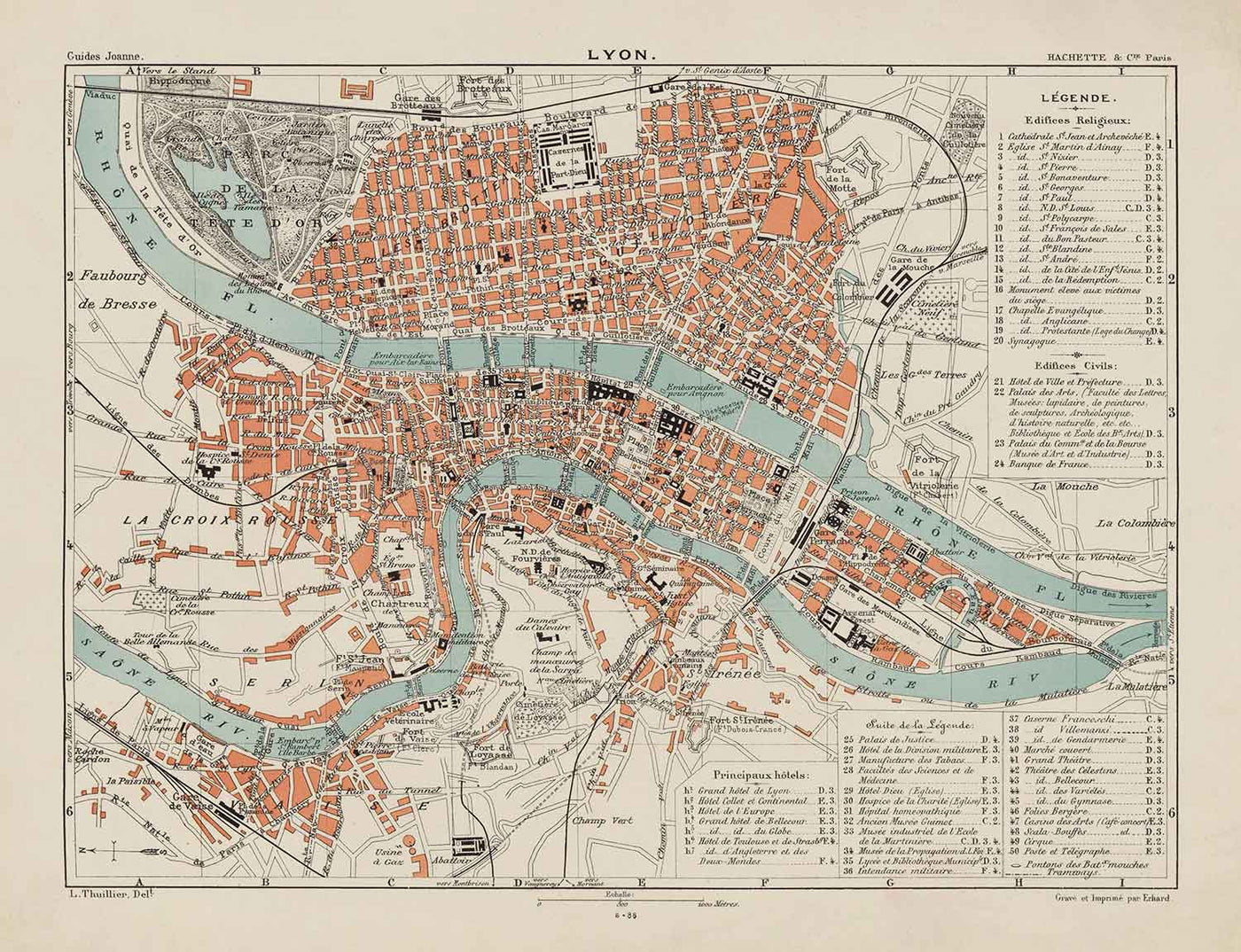 Mapa antiguo de Lyon, Francia en 1888 por Louis-Francois - La Basilique Notre Dame, Río Rhone, Saone, Parc de la Tete d'Or, Place des Terreaux