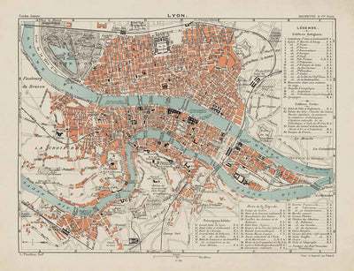 Mapa antiguo de Lyon, Francia en 1888 por Louis-Francois - La Basilique Notre Dame, Río Rhone, Saone, Parc de la Tete d'Or, Place des Terreaux
