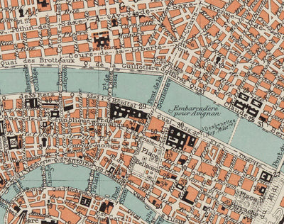Mapa antiguo de Lyon, Francia en 1888 por Louis-Francois - La Basilique Notre Dame, Río Rhone, Saone, Parc de la Tete d'Or, Place des Terreaux