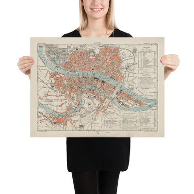 Mapa antiguo de Lyon, Francia en 1888 por Louis-Francois - La Basilique Notre Dame, Río Rhone, Saone, Parc de la Tete d'Or, Place des Terreaux