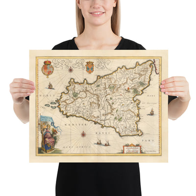 Mapa antiguo de Sicilia en 1640 por Willem Blaeu - Palermo, Catania, Marsala, Mediterráneo, Messina