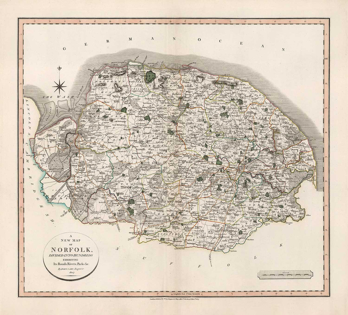 Old Map of Norfolk in 1807 by John Cary - Norwich, Cromer, Great Yarmouth, Thetford, King's Lynn