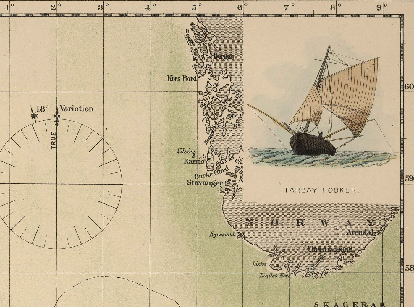 Antiguo mapa de la caballa del Mar del Norte, 1883 por O.T. Olsen - Pesca de la caballa, distribución, desove, etc.