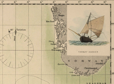 Antiguo mapa de la caballa del Mar del Norte, 1883 por O.T. Olsen - Pesca de la caballa, distribución, desove, etc.