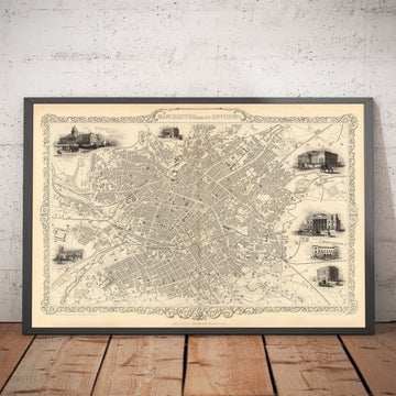 Antiguo mapa de Manchester y sus alrededores por John Rapkin, 1851 - Ayuntamiento, Royal Infirmary, estaciones de tren