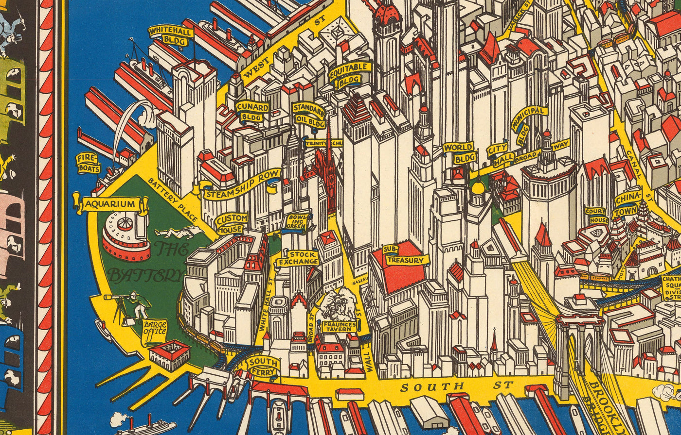 Old Pictorial Map of Manhattan, New York City, 1928 by Farrow - Washington Heights, Bridges