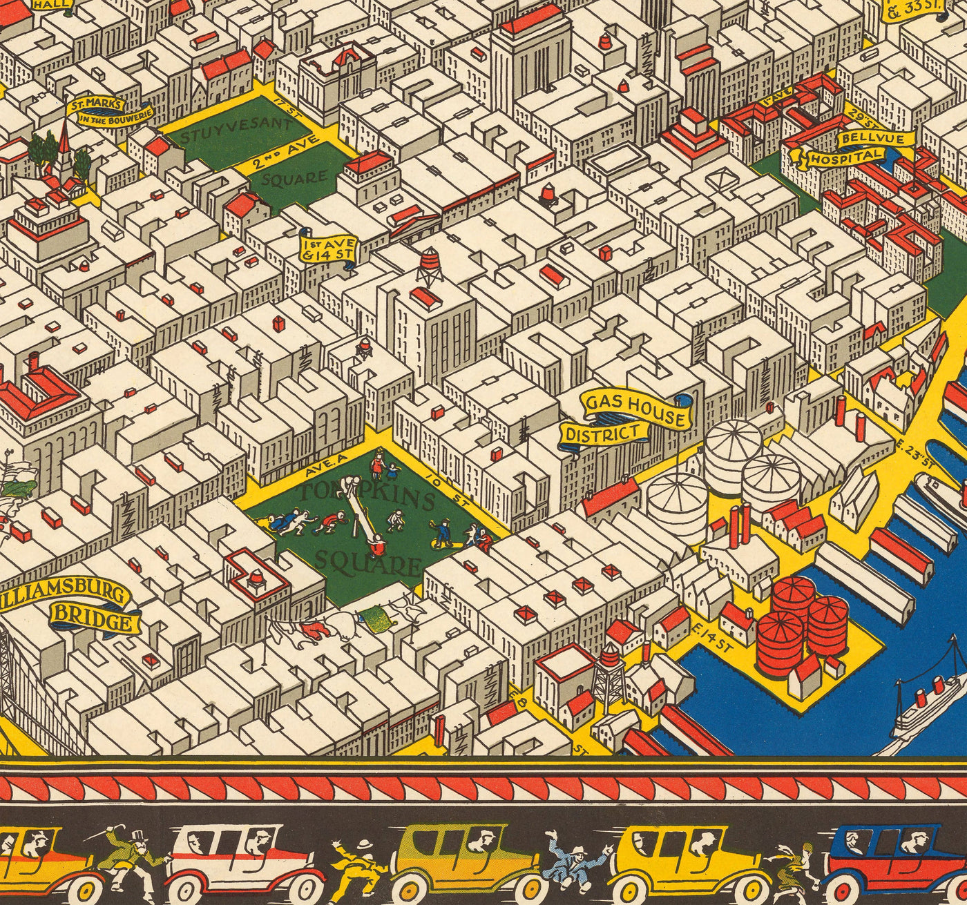 Old Pictorial Map of Manhattan, New York City, 1928 by Farrow - Washington Heights, Bridges
