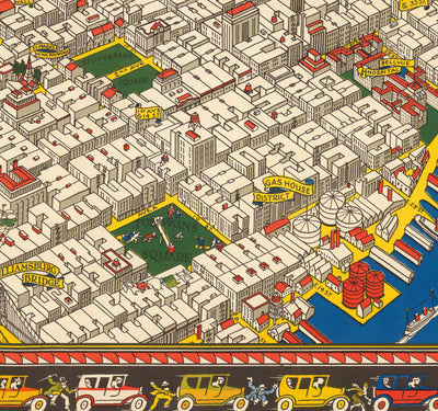 Old Pictorial Map of Manhattan, New York City, 1928 by Farrow - Washington Heights, Bridges