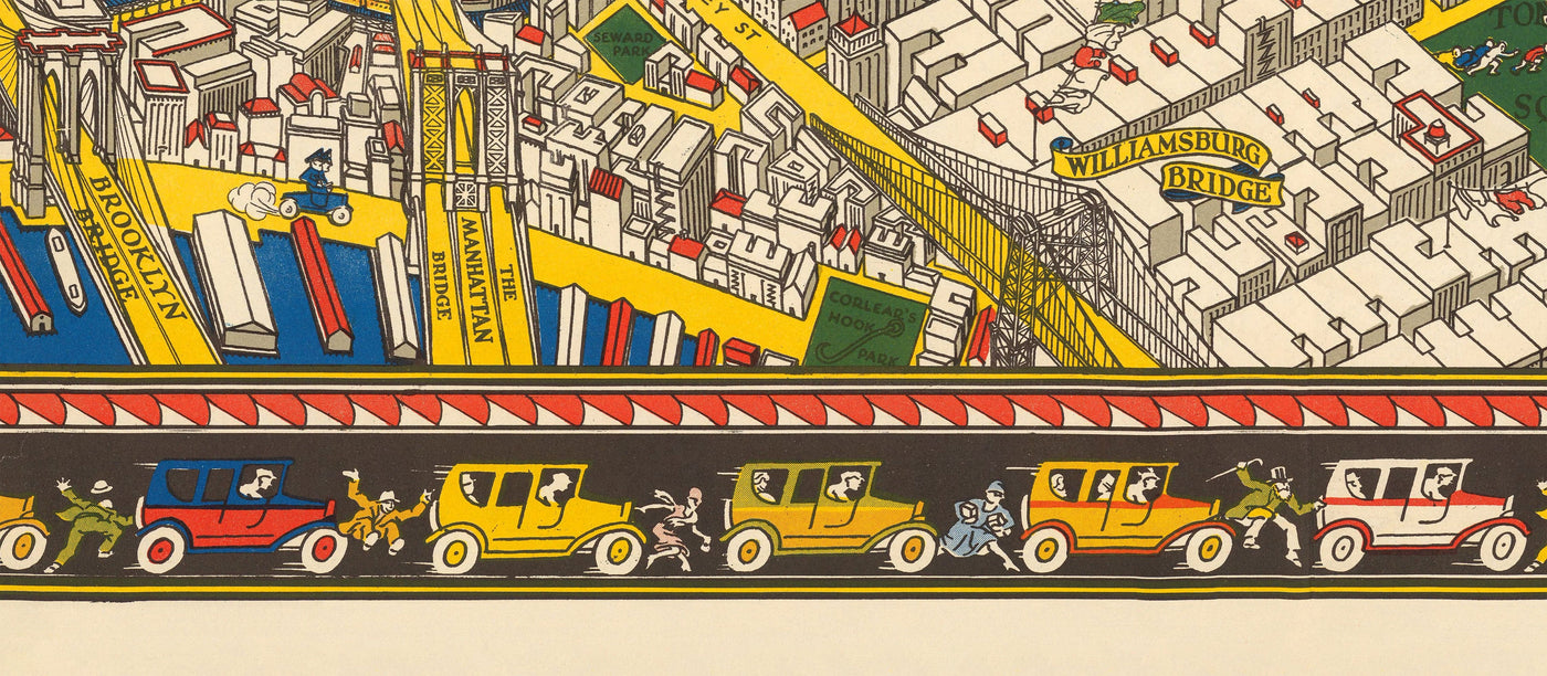 Old Pictorial Map of Manhattan, New York City, 1928 by Farrow - Washington Heights, Bridges