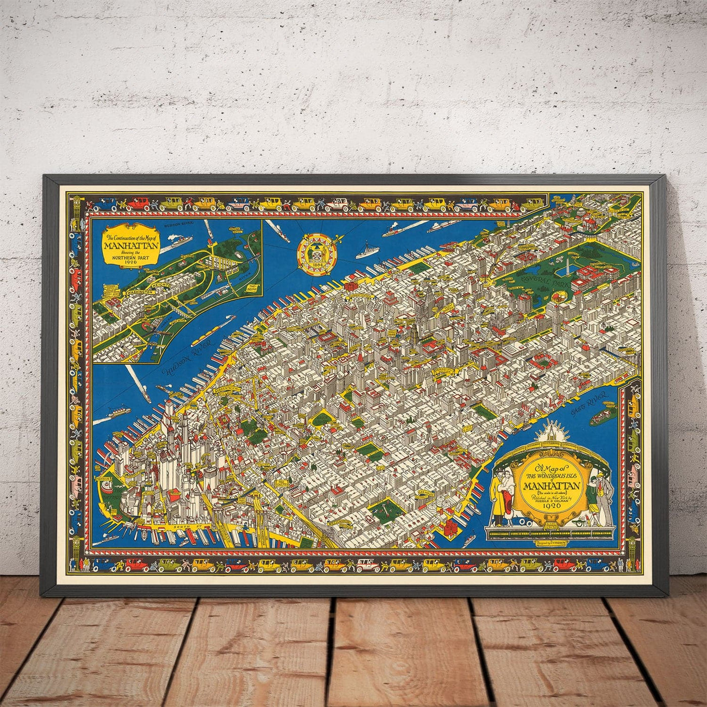 Old Pictorial Map of Manhattan, New York City, 1928 by Farrow - Washington Heights, Bridges