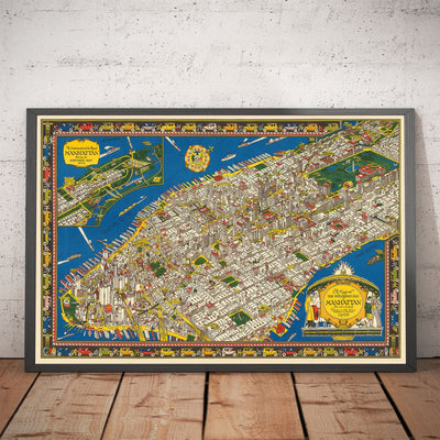 Old Pictorial Map of Manhattan, New York City, 1928 by Farrow - Washington Heights, Bridges
