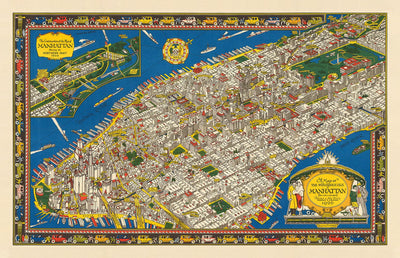 Old Pictorial Map of Manhattan, New York City, 1928 by Farrow - Washington Heights, Bridges