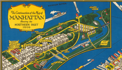 Old Pictorial Map of Manhattan, New York City, 1928 by Farrow - Washington Heights, Bridges