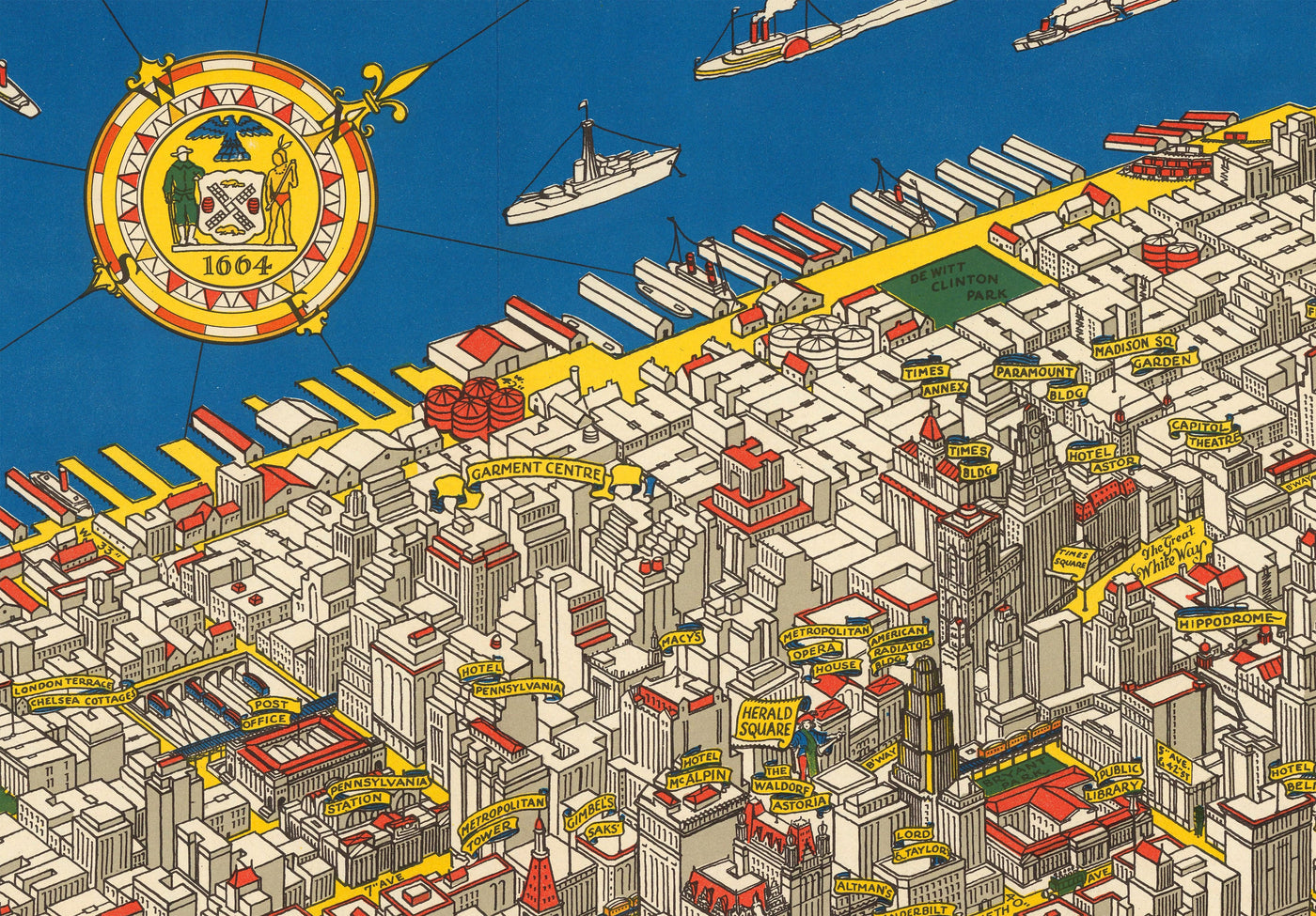 Old Pictorial Map of Manhattan, New York City, 1928 by Farrow - Washington Heights, Bridges