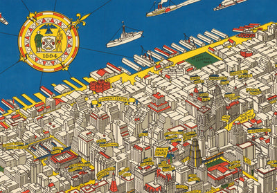 Old Pictorial Map of Manhattan, New York City, 1928 by Farrow - Washington Heights, Bridges
