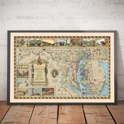 Old Historical Map of Maryland in 1931 by Edward Tunis - Baltimore, Annapolis, Frederick, St. Mary's County, Washington