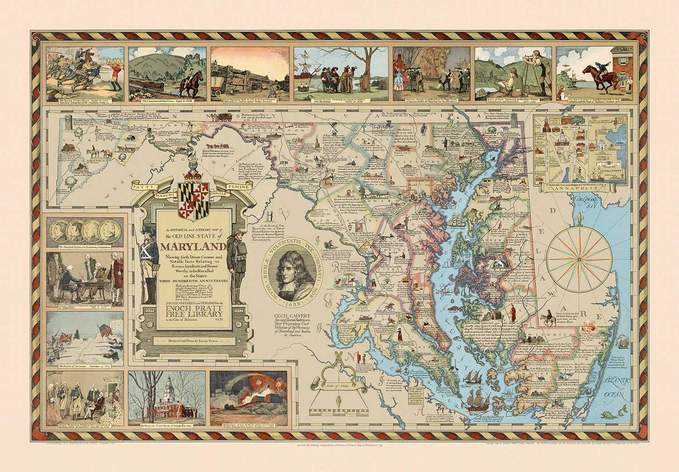 Old Historical Map of Maryland in 1931 by Edward Tunis - Baltimore, Annapolis, Frederick, St. Mary's County, Washington