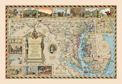 Old Historical Map of Maryland in 1931 by Edward Tunis - Baltimore, Annapolis, Frederick, St. Mary's County, Washington