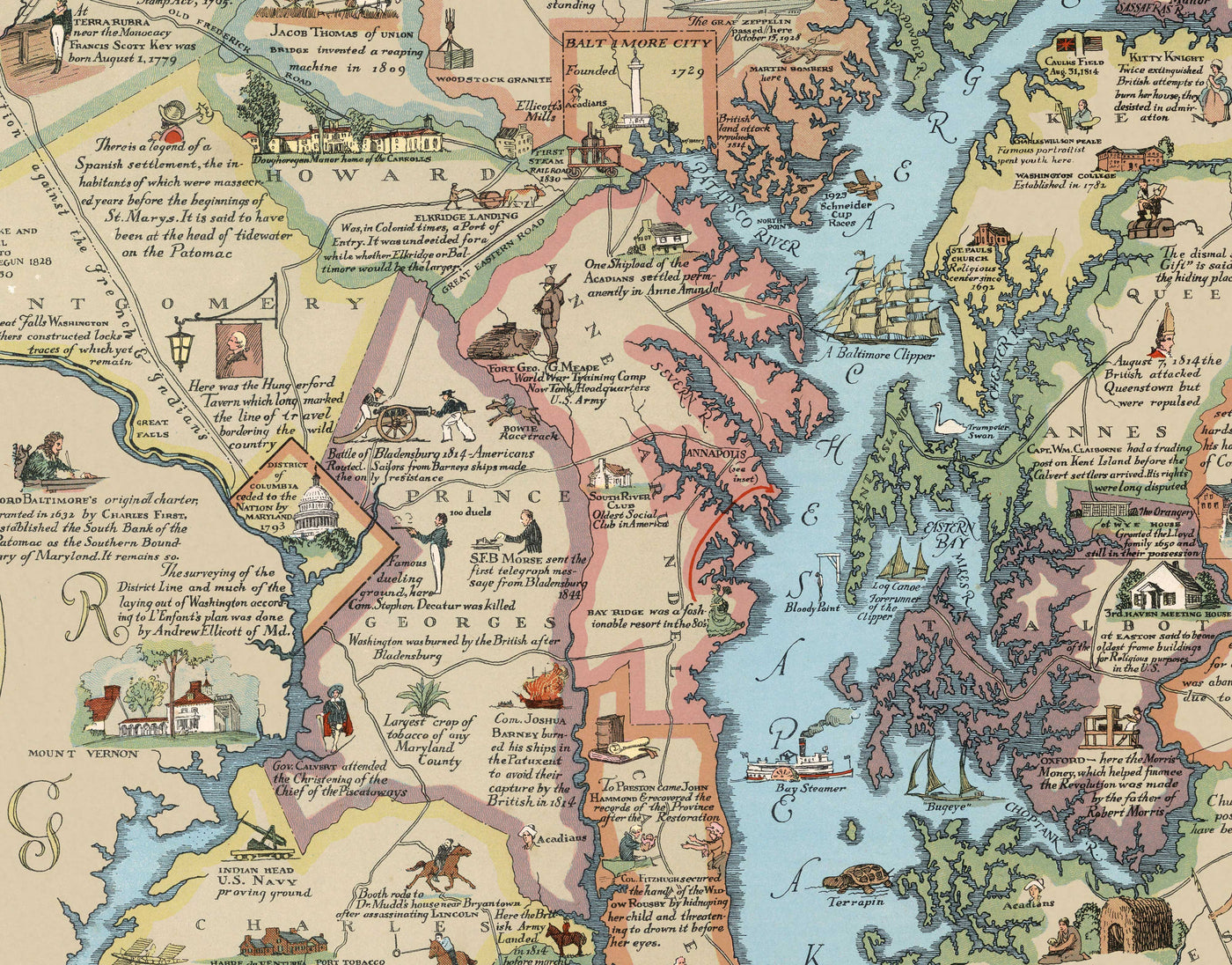 Old Historical Map of Maryland in 1931 by Edward Tunis - Baltimore, Annapolis, Frederick, St. Mary's County, Washington