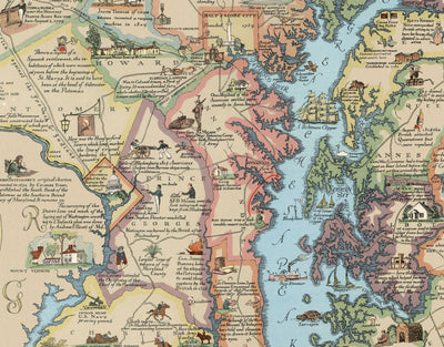 Old Historical Map of Maryland in 1931 by Edward Tunis - Baltimore, Annapolis, Frederick, St. Mary's County, Washington
