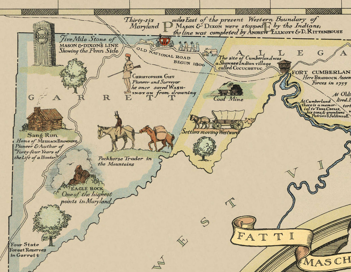Old Historical Map of Maryland in 1931 by Edward Tunis - Baltimore, Annapolis, Frederick, St. Mary's County, Washington