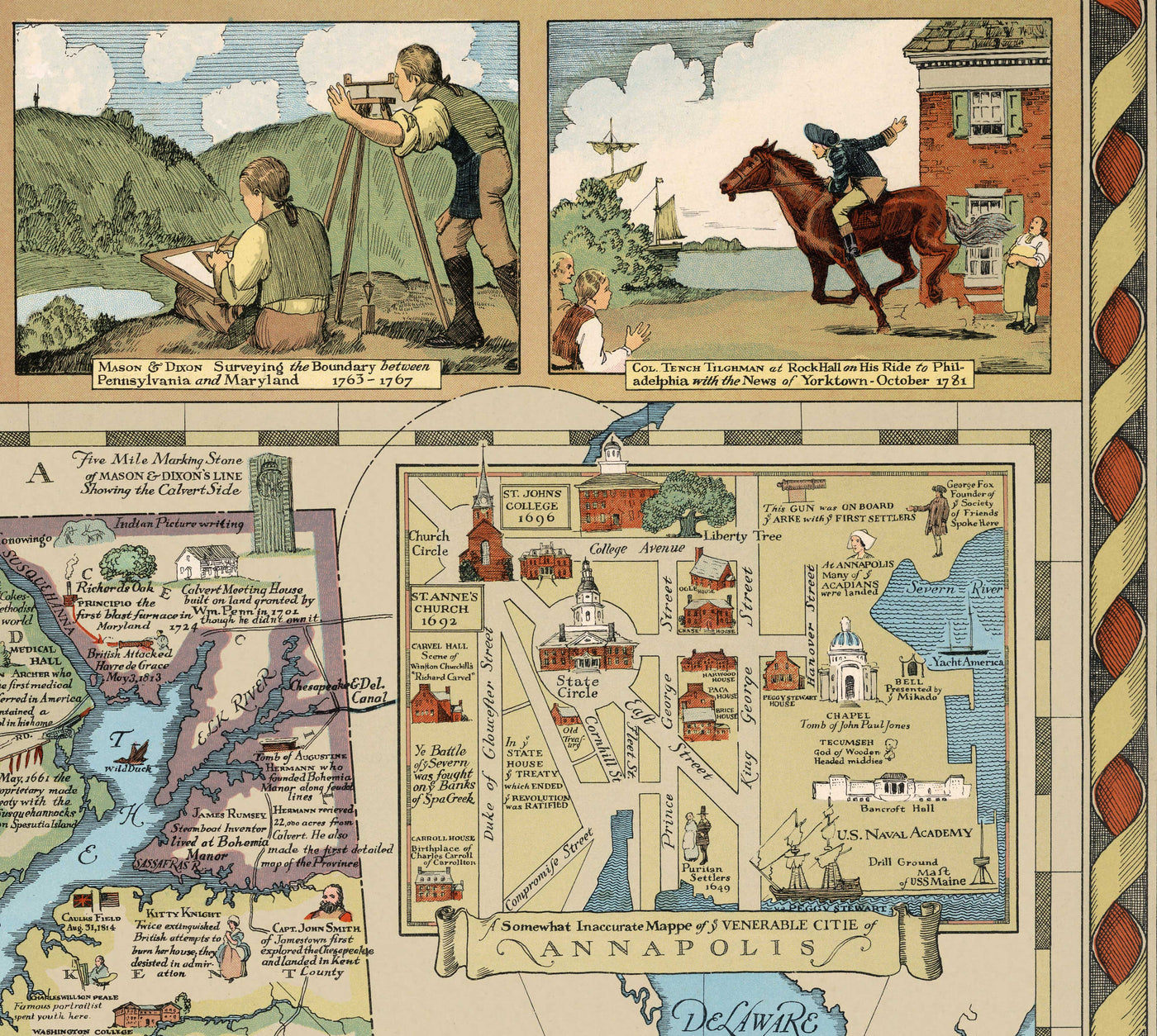 Old Historical Map of Maryland in 1931 by Edward Tunis - Baltimore, Annapolis, Frederick, St. Mary's County, Washington