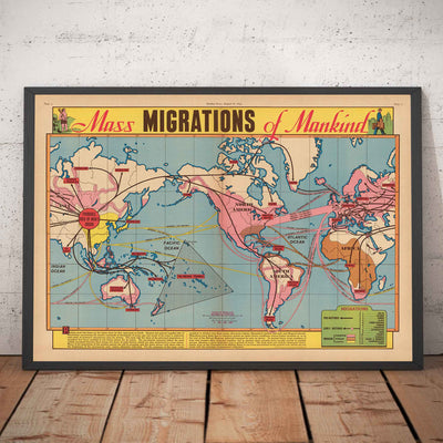 Old Map of Mass Migrations of Mankind, 1944 by Edwin Sundberg - Out of Asia Origin Theory, Slave Trade, Prehistoric Civilisation
