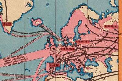 Old Map of Mass Migrations of Mankind, 1944 by Edwin Sundberg - Out of Asia Origin Theory, Slave Trade, Prehistoric Civilisation