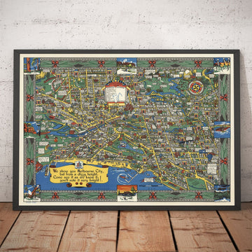 Mapa antiguo de Melbourne, Victoria por John Power Studios, 1934 - Centro de la ciudad, estación de tren, parques, zoológico, playa, río Yarra