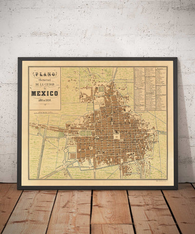 Alte Karte von Mexiko-Stadt, 1858 - CDMX, Historisches Zentrum, Centro, Metropolitankathedrale, Alameda-Park 