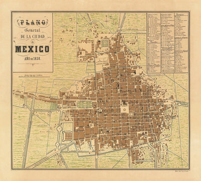 Alte Karte von Mexiko-Stadt, 1858 - CDMX, Historisches Zentrum, Centro, Metropolitankathedrale, Alameda-Park 
