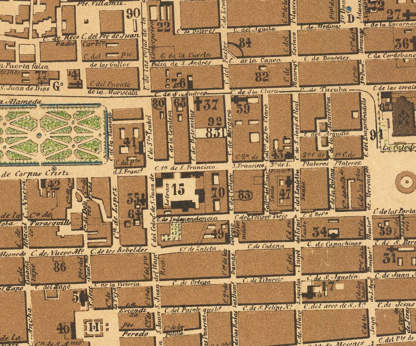 Alte Karte von Mexiko-Stadt, 1858 - CDMX, Historisches Zentrum, Centro, Metropolitankathedrale, Alameda-Park 