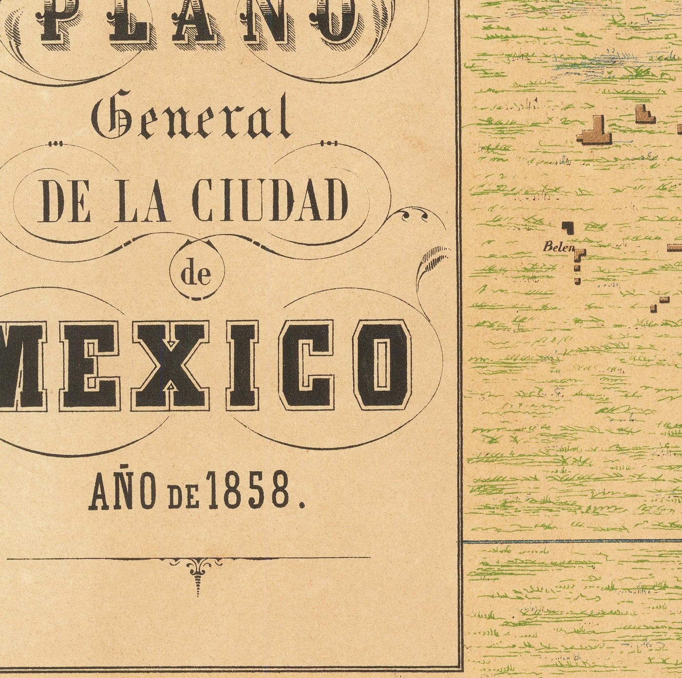Alte Karte von Mexiko-Stadt, 1858 - CDMX, Historisches Zentrum, Centro, Metropolitankathedrale, Alameda-Park 