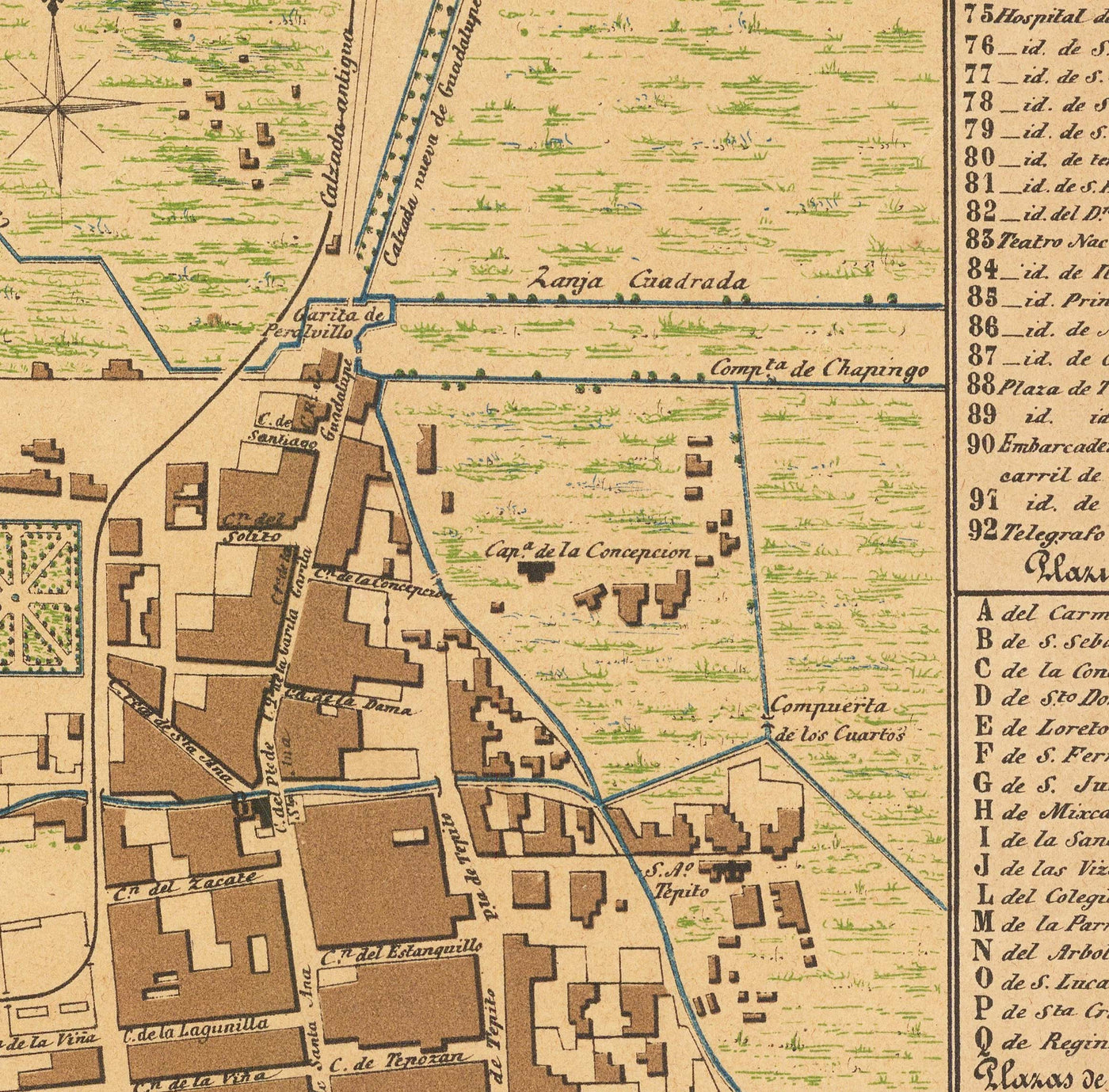 Alte Karte von Mexiko-Stadt, 1858 - CDMX, Historisches Zentrum, Centro, Metropolitankathedrale, Alameda-Park 