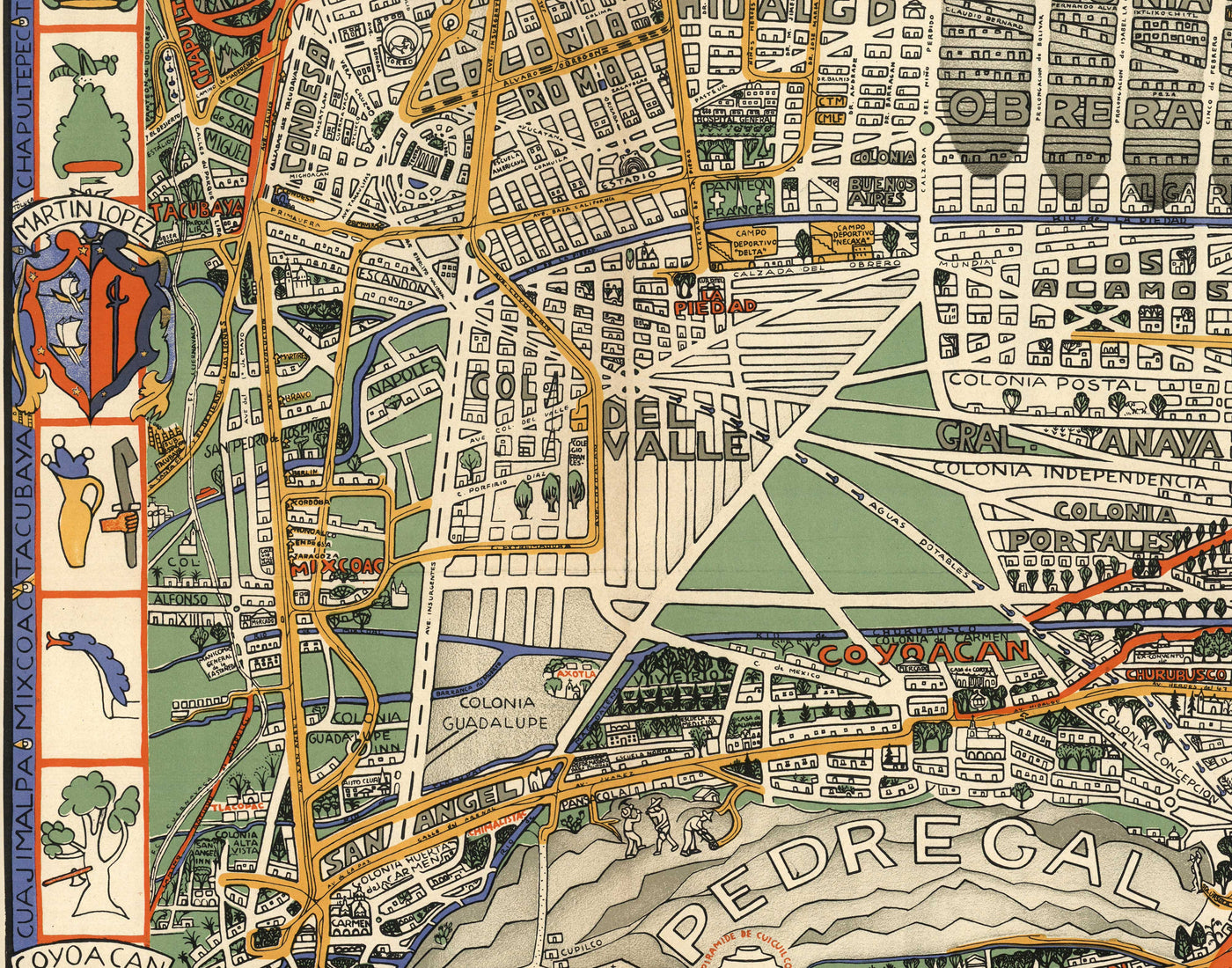 Mapa antiguo de la Ciudad de México en 1932 por Emily Edwards - Tacubaya, Roma, Peralvillo, Coyoacán, Colonia Obrera