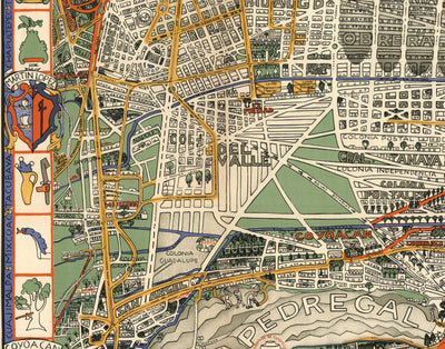 Mapa antiguo de la Ciudad de México en 1932 por Emily Edwards - Tacubaya, Roma, Peralvillo, Coyoacán, Colonia Obrera