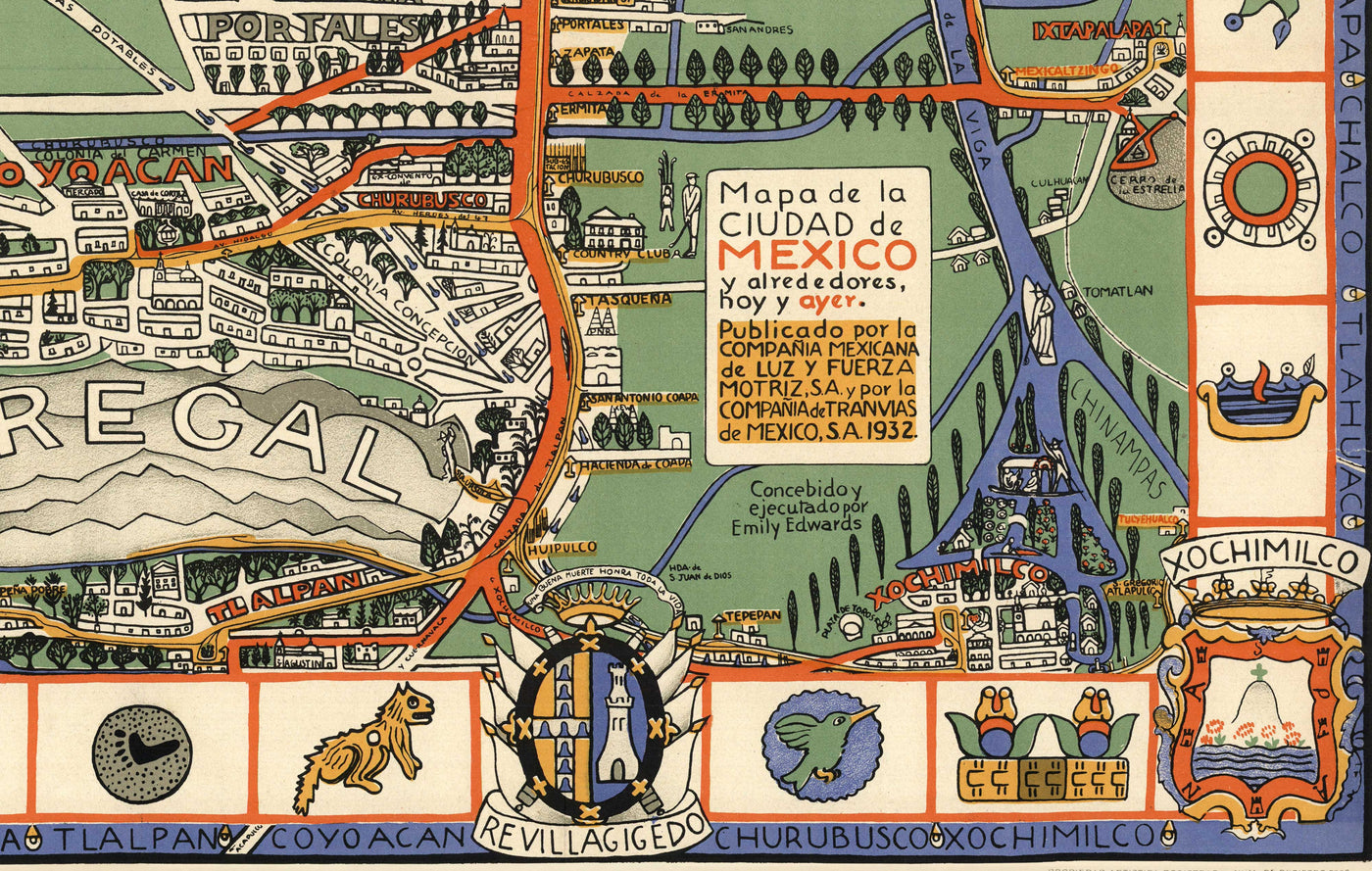 Mapa antiguo de la Ciudad de México en 1932 por Emily Edwards - Tacubaya, Roma, Peralvillo, Coyoacán, Colonia Obrera