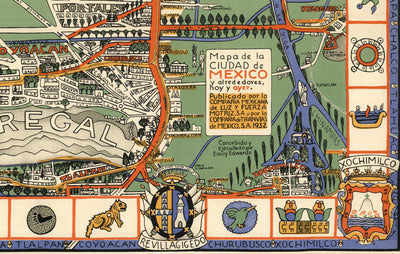 Mapa antiguo de la Ciudad de México en 1932 por Emily Edwards - Tacubaya, Roma, Peralvillo, Coyoacán, Colonia Obrera
