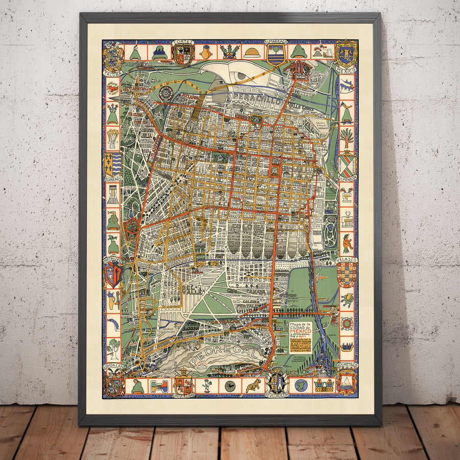 Mappa antica di Città del Messico nel 1932 di Emily Edwards - Tacubaya, Roma, Peralvillo, Coyoacan, Colonia Obrera 
