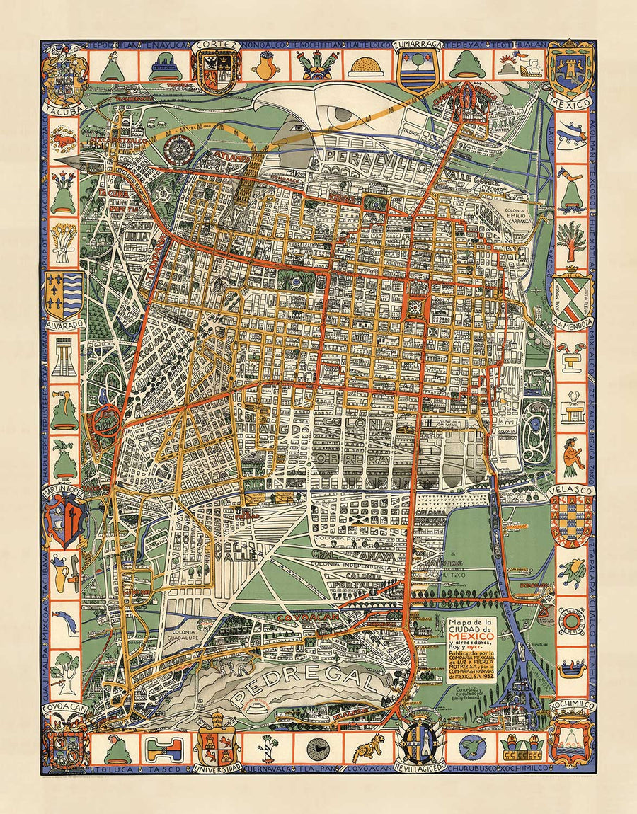 Mappa antica di Città del Messico nel 1932 di Emily Edwards - Tacubaya, Roma, Peralvillo, Coyoacan, Colonia Obrera 