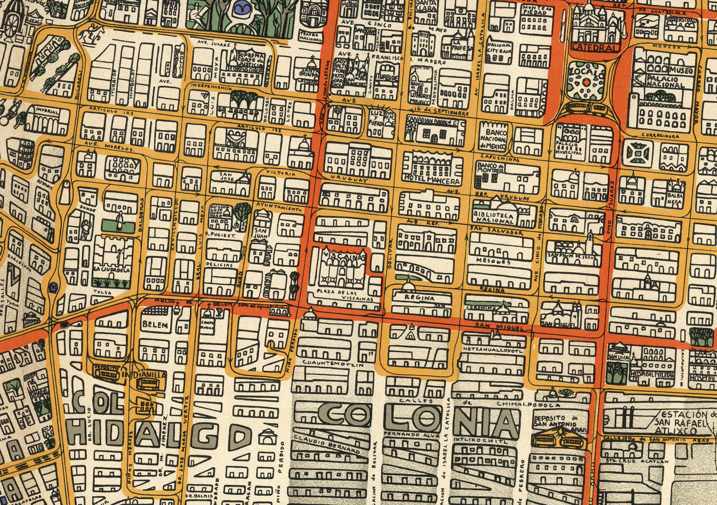 Mapa antiguo de la Ciudad de México en 1932 por Emily Edwards - Tacubaya, Roma, Peralvillo, Coyoacán, Colonia Obrera