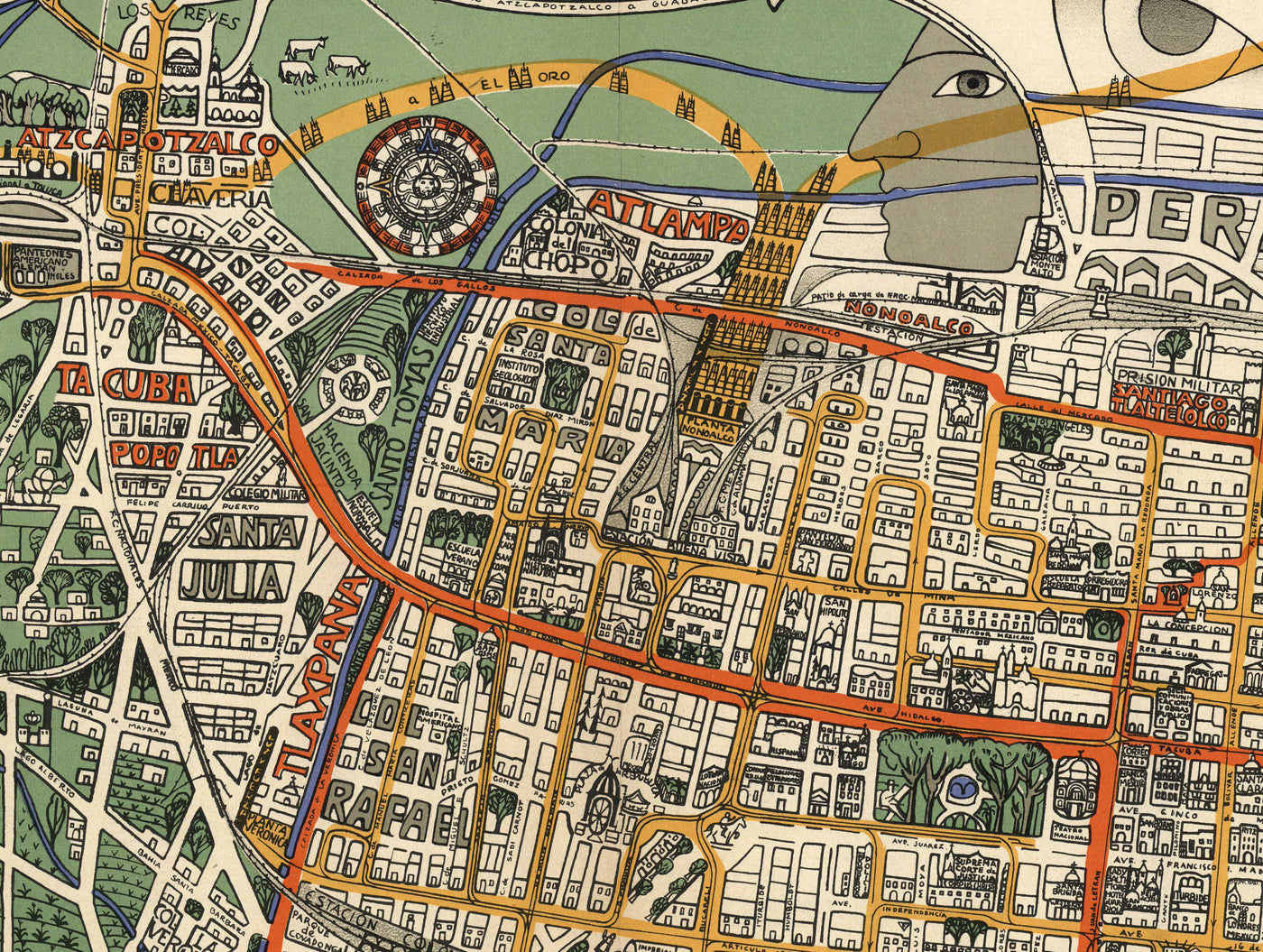 Mapa antiguo de la Ciudad de México en 1932 por Emily Edwards - Tacubaya, Roma, Peralvillo, Coyoacán, Colonia Obrera