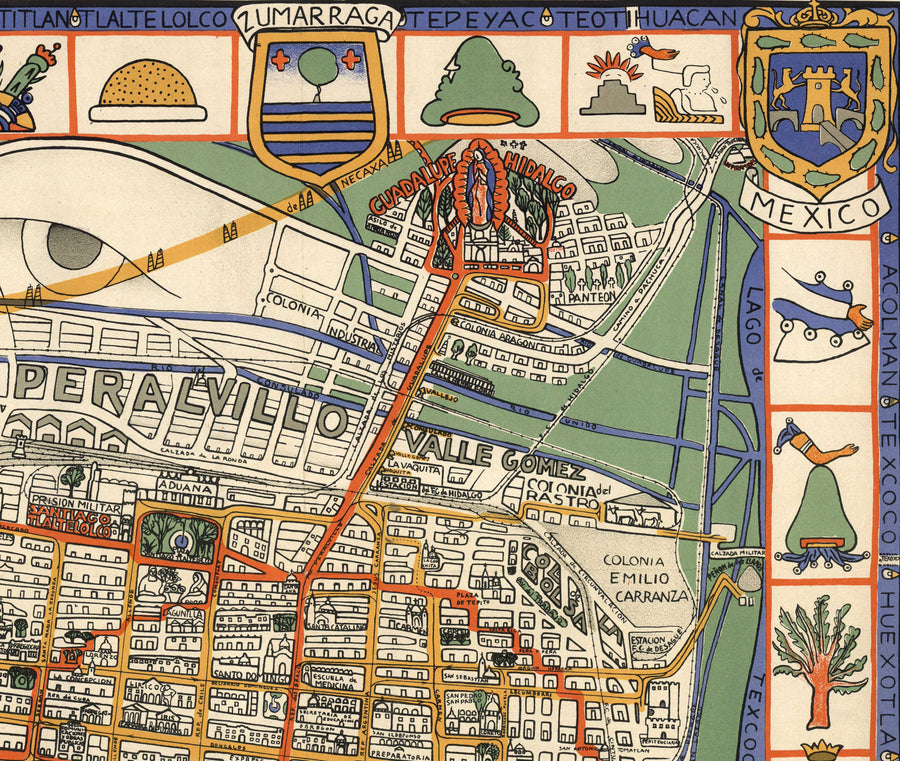Mappa antica di Città del Messico nel 1932 di Emily Edwards - Tacubaya, Roma, Peralvillo, Coyoacan, Colonia Obrera 