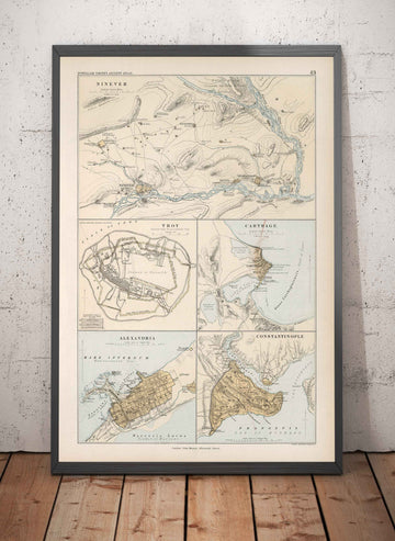 Mapa antiguo de las ciudades antiguas del norte de África y Oriente Medio, 1874 por Smith - Troya, Cartago, Nínive, Constantinopla, Alejandría