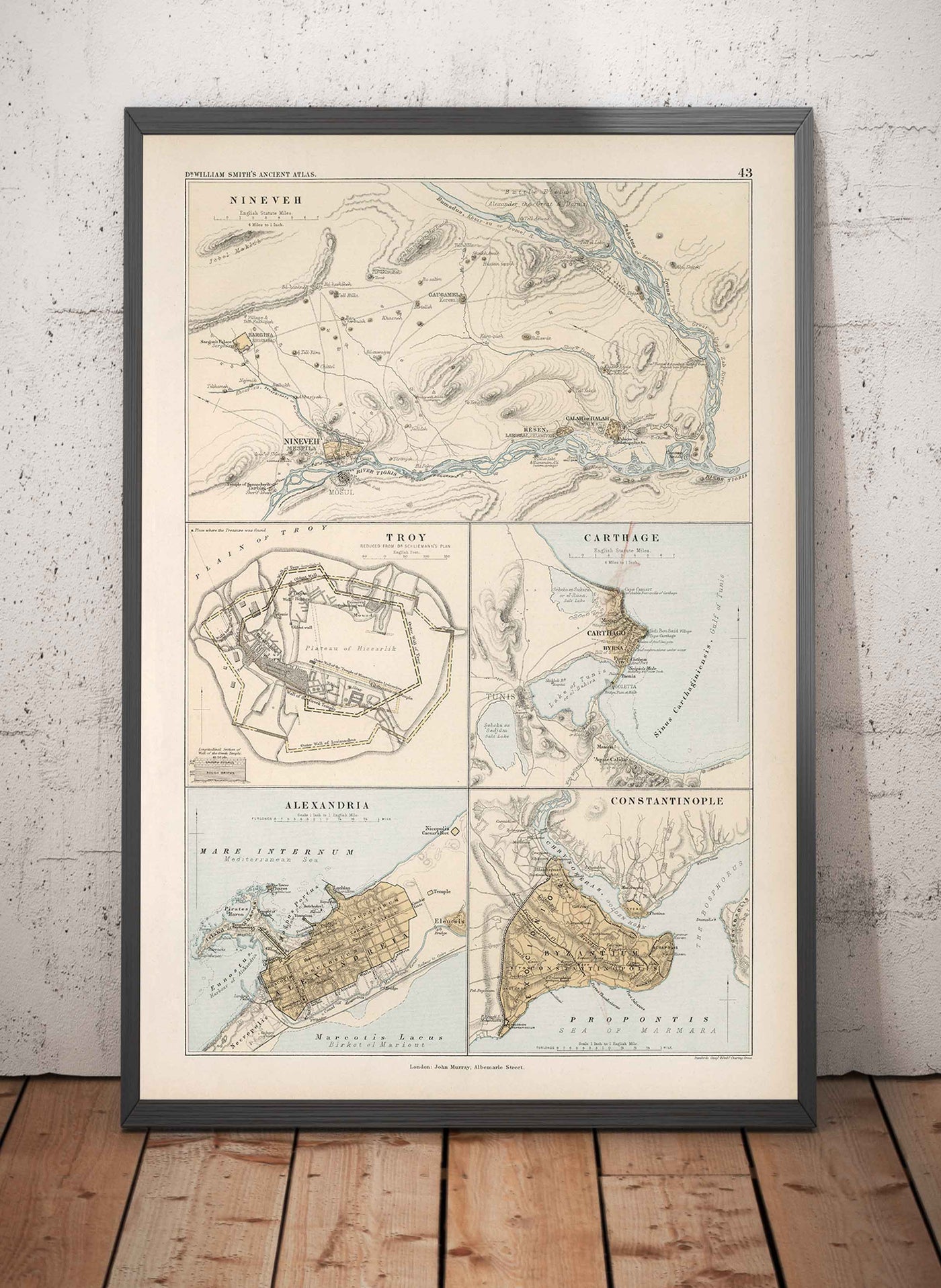 Mapa antiguo de las ciudades antiguas del norte de África y Oriente Medio, 1874 por Smith - Troya, Cartago, Nínive, Constantinopla, Alejandría