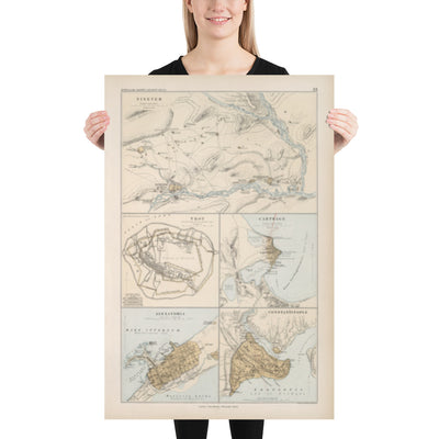 Mapa antiguo de las ciudades antiguas del norte de África y Oriente Medio, 1874 por Smith - Troya, Cartago, Nínive, Constantinopla, Alejandría