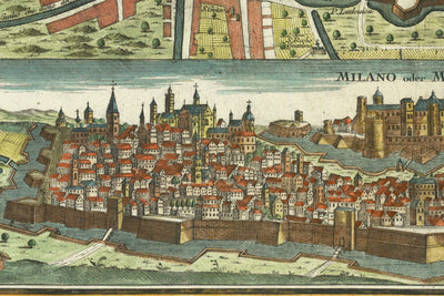 Mapa antiguo de Milán, Italia en 1730 por Seutter - San Carlo al Lazzaretto, Castillo Sforzesco, Duomo, Basílica di Sant'Ambrogio, Pinacoteca di Brera